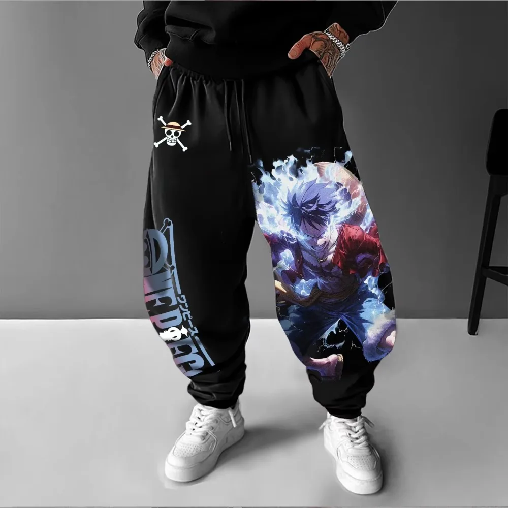قطعة واحدة 2025 الخريف/الشتاء الرجال Sweatpants أنيمي القش قبعة طاقم شعار لوفي طباعة فضفاض عادية الشارع الهيب هوب سراويل قطنية #4