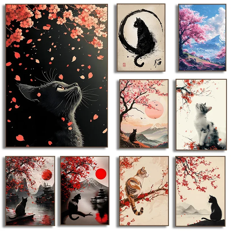 1pc frameless Canvas Painting Black Cat with Cherry Blossom Tree Poster Japanese Landscape Canvas Painting Print Wall Art for Li