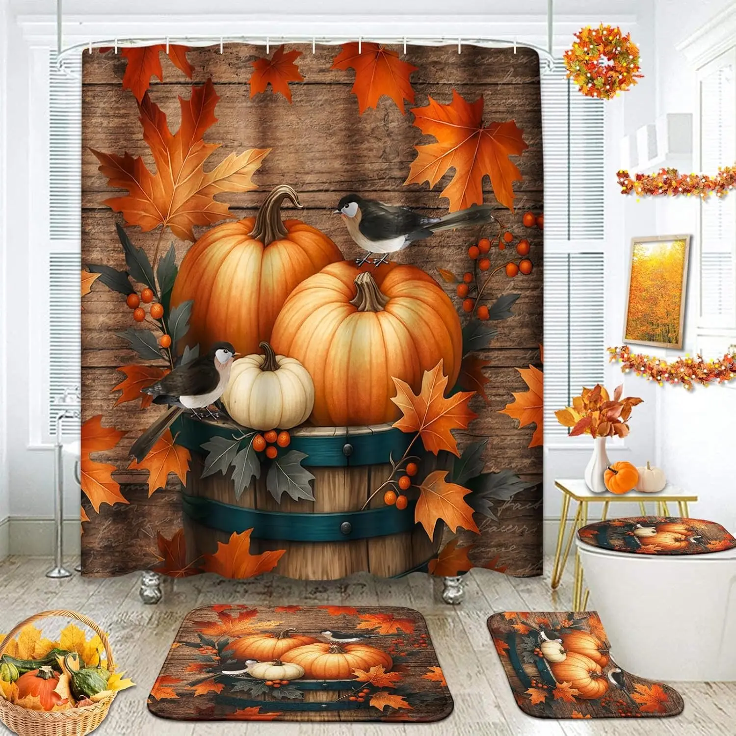 

Набор для ванной комнаты ArtSocket с осенней тыквой, занавеской для душа, ковриком и аксессуарами, осенние листья птицы, оранжевый, День благодарения