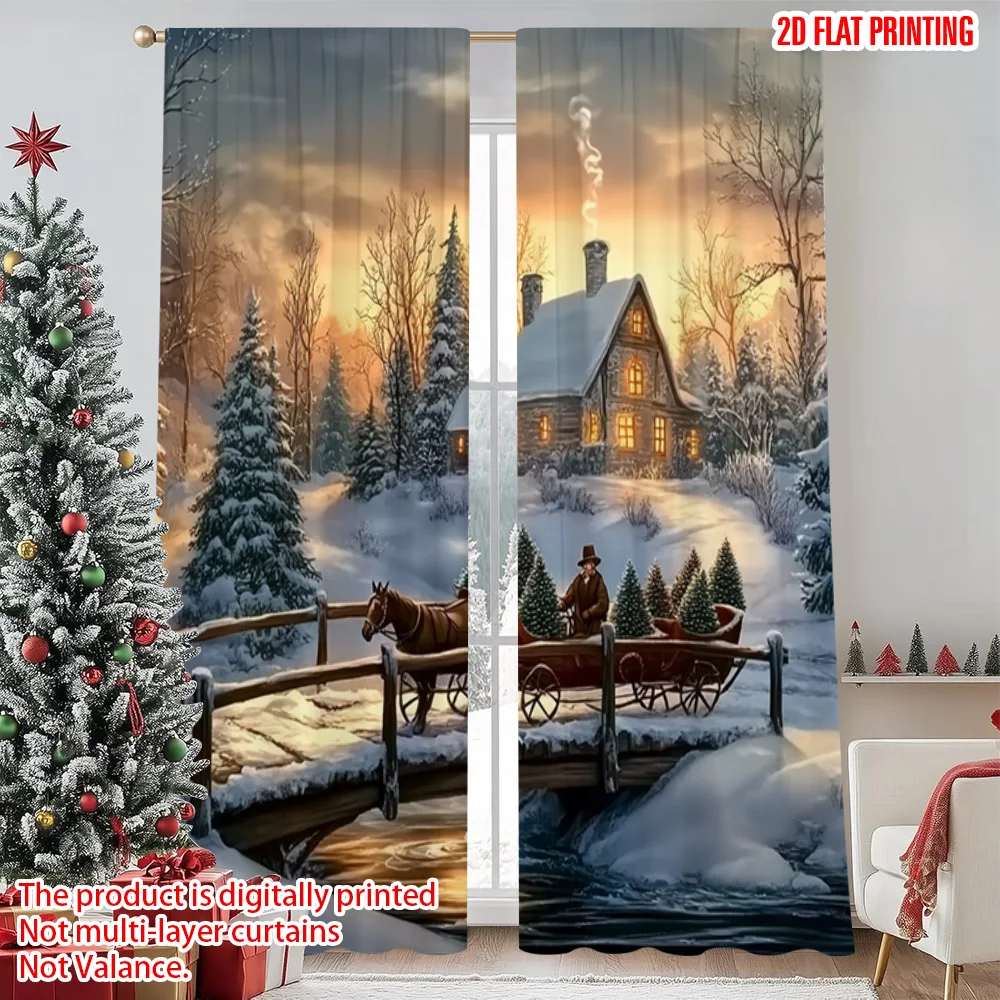

2pcs 2D flat printing Merry Christmas Popular Party Window Curtains Winter Christmas igloo Versatile 100% Polyester Without
