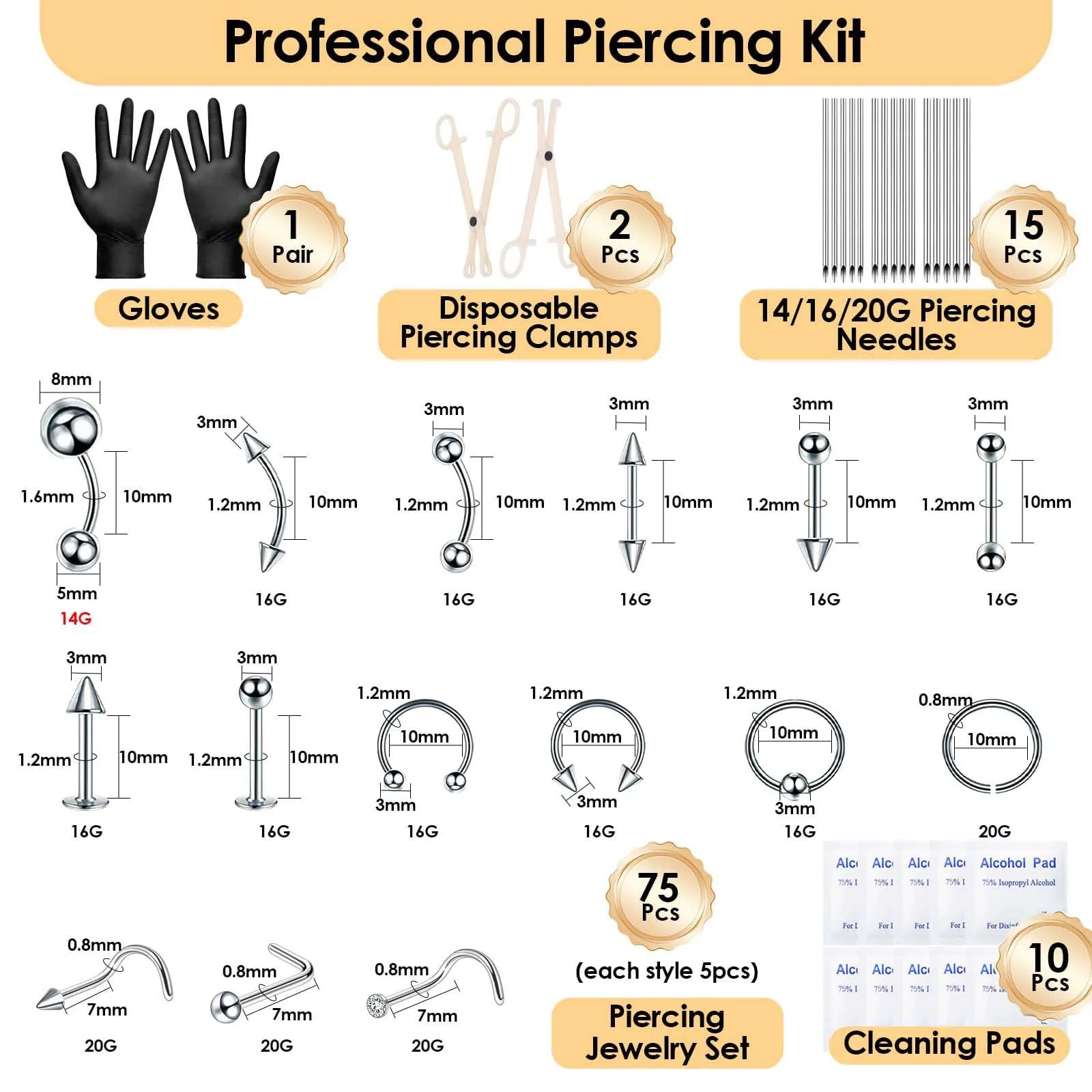 Professional Piercing Kit 14G 16G 20G Mixed Piercing Needles Set with Jewelry Clamps Gloves Alcohol Pads for Body Piercing