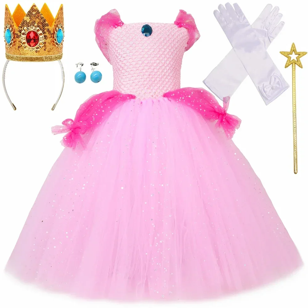 

Princess Peach Tutu Dress for Girls Birthday Party Tulle Dresses Glitter Pink Kids Carnival Halloween Costumes Children Clothes