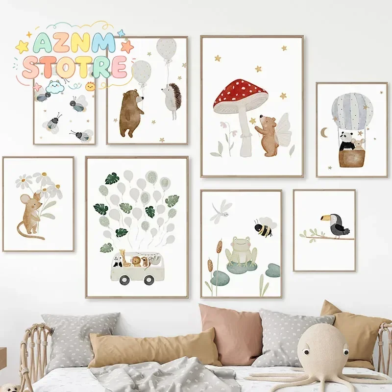 2027Boho Bear Hedgehog Panda Toucan Car Balloon Cartoon Posters Prints Canvas Painting Wall Art Pictures Kids Room Home Decor