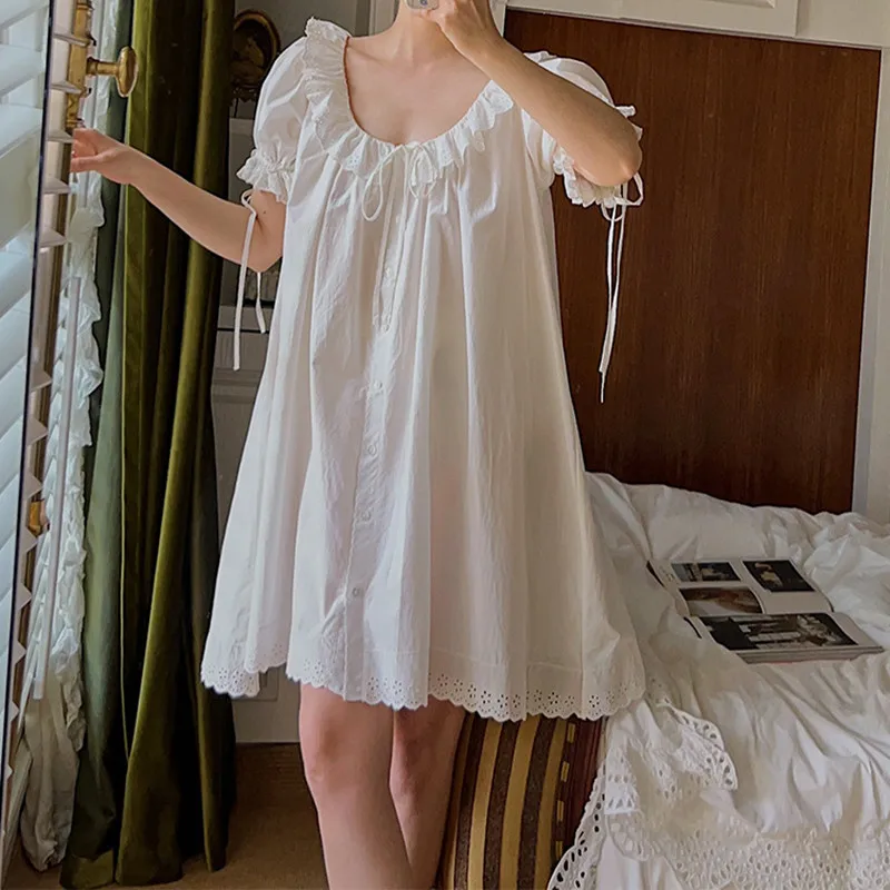 French Women Sweet Nightdress Large Size Cardigan 100% Cotton Nightie Princess Vintage Ruffles Collar Short Sleeve Nightgowns