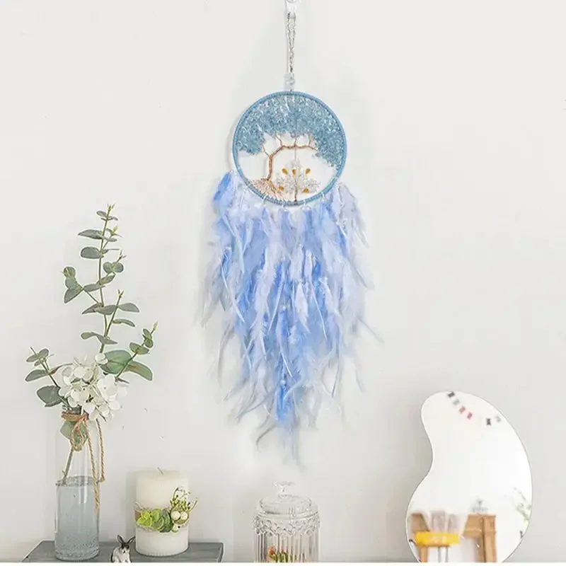 Blue Feathers Tree Of Life Dream Catcher Large Window Hangings Bedroom Decorations Wall Pendants Handmade Arts Ornaments Gifts