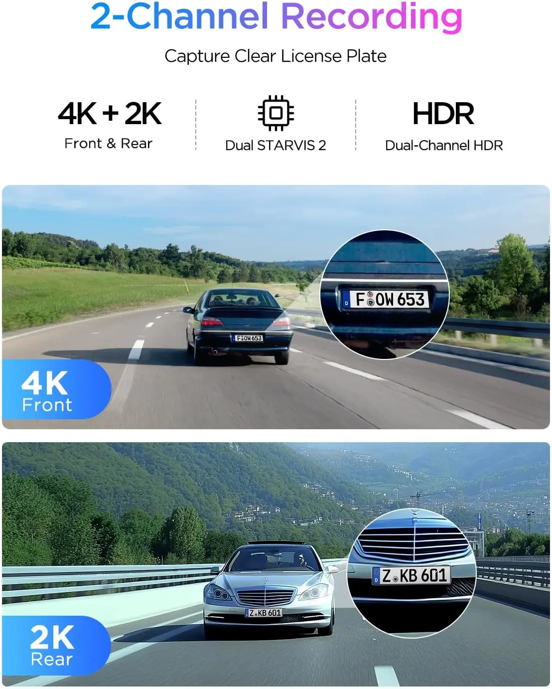 Dual Channel 4K Dash Camera WiFi Six Parking Surveillance SSD Storage STARVIS Two Sensors