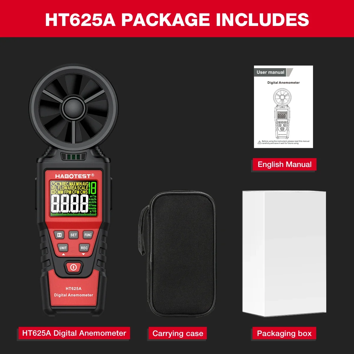 HABOTEST HT625 Anemometer Portable Wind Speed Meter Air Velocity Gauge Windmeter Digital Handheld Anemometer LCD Display image 6