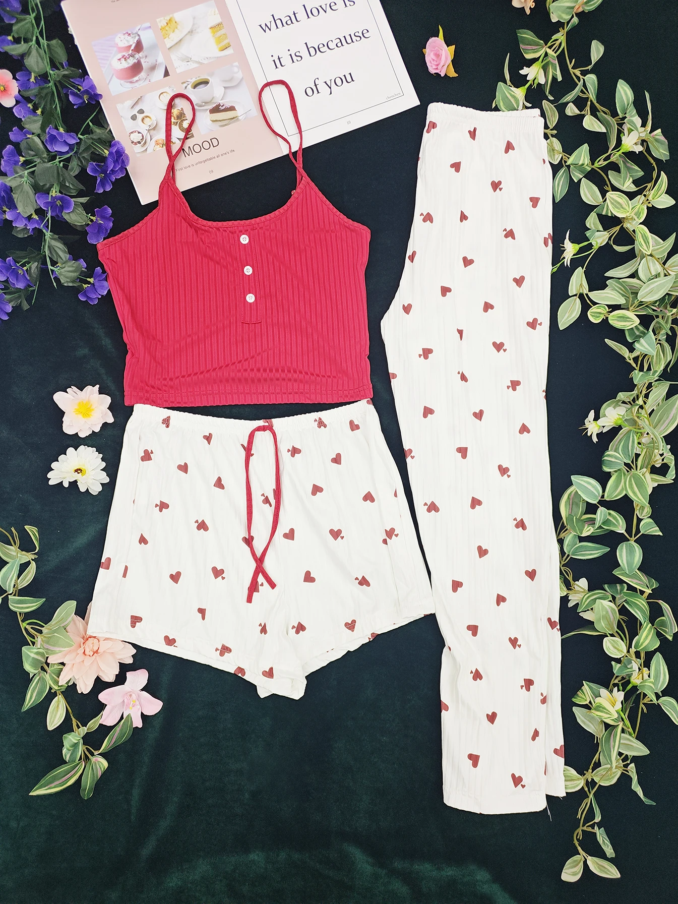 2025 Summer 3PCS Milk Silk Pajamas Set Women: Camisole Shorts Pants Love Design Anti-Peehole Lightweight Breathable Cool Home &