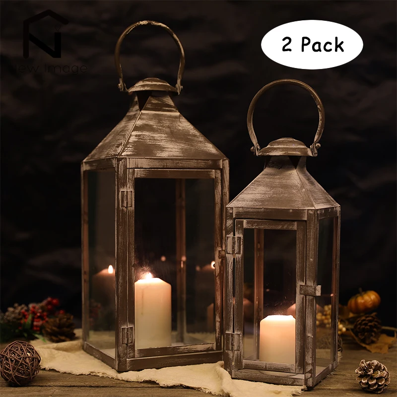 

2Pcs Metal Candle Holder Vintage Hanging Candle Lanterns Retro Lantern with Handle for Garden Wedding Bedroom Home Decor
