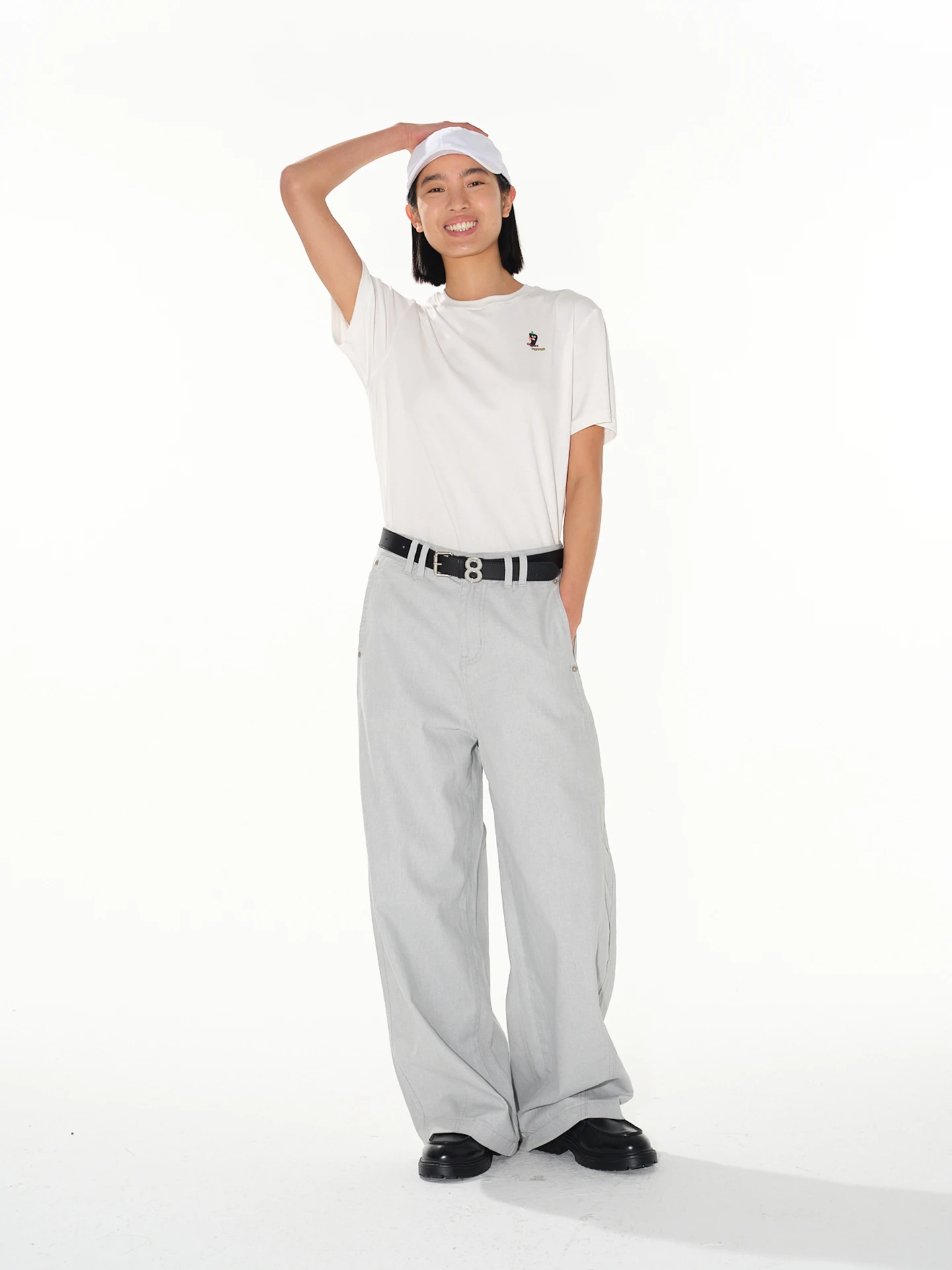 

Loose Trousers ape Embroidered Loose Jeans Yellow Khaki White Blue Spring Cotton l Waist Wide Leg Pants