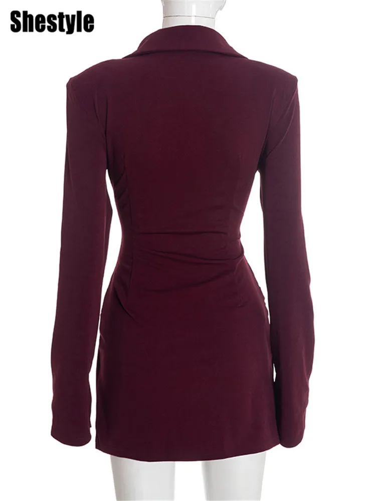 Shestyle Claret-vestido elegante para mujer, vestido de oficina con escote en V profundo, corte en A, manga larga, cuello tipo Polo, hombreras fruncidas 2026
