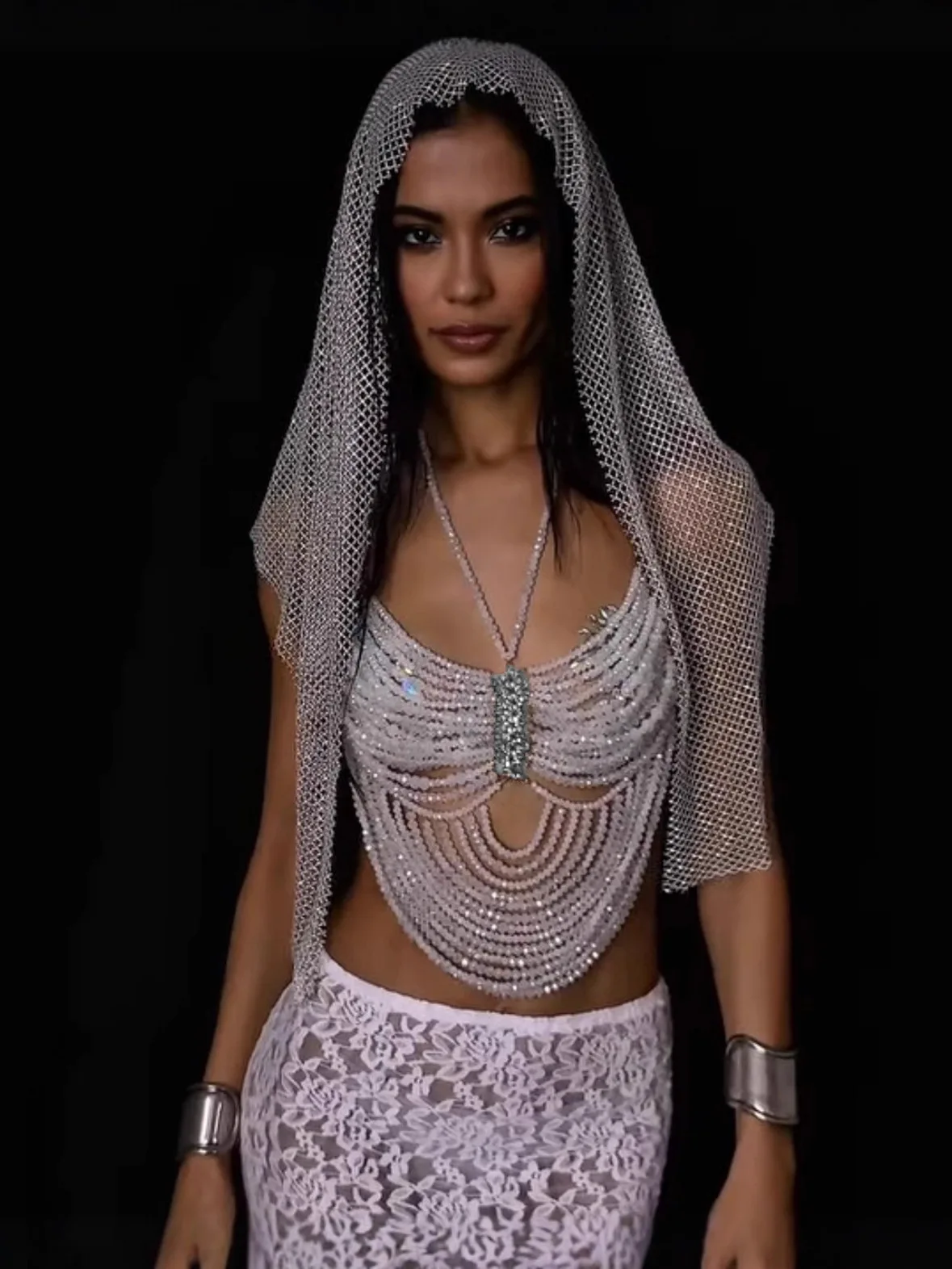 Handmade White Beaded Bralette Women Bra Jewelry Crystal Bralette Chest Harness Rave Festival Outfit Body Chain Top