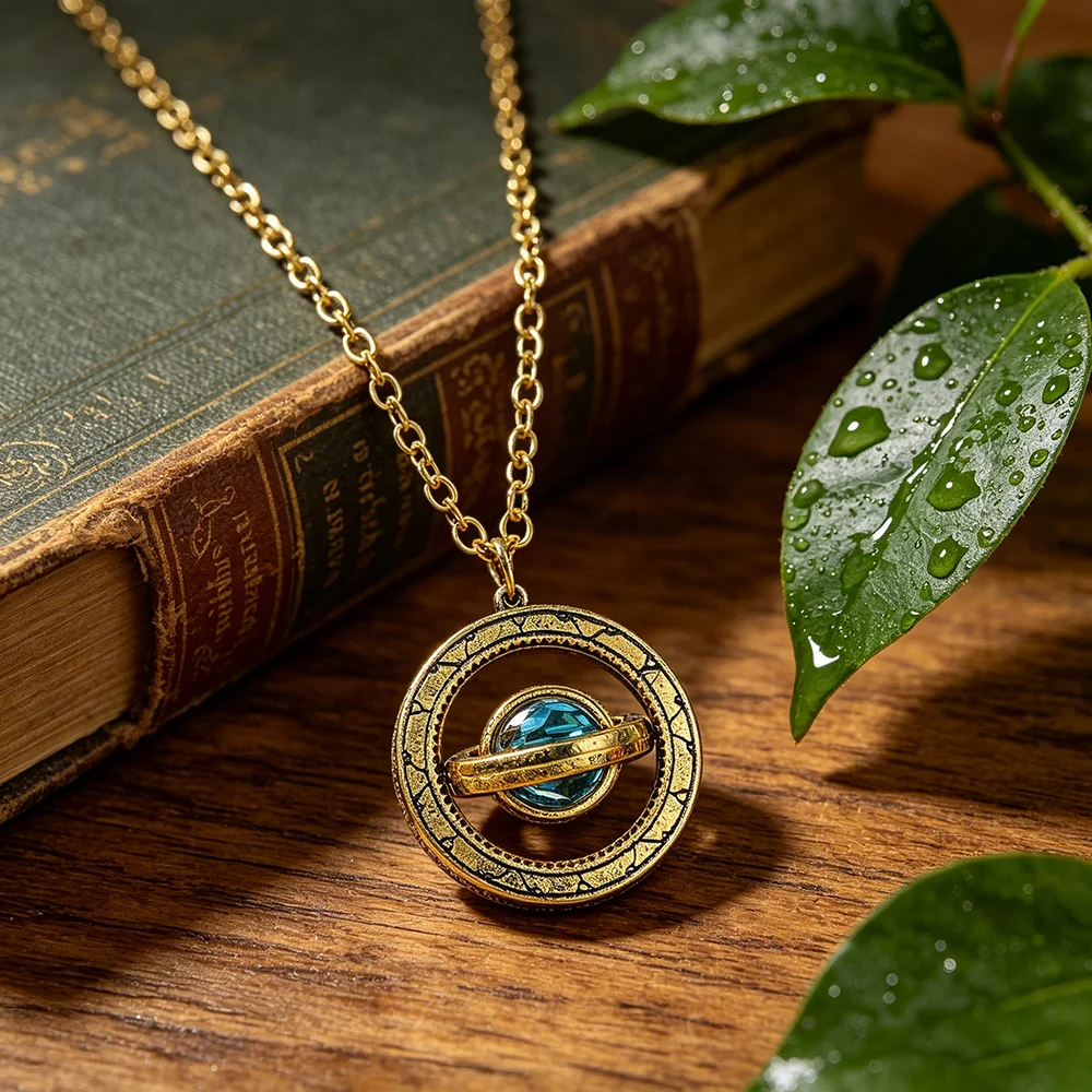 Antique Gold Vintage Spinning Planet Pendant Necklace with Blue Crystal Retro Rotating Saturn Jewelry