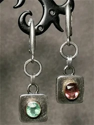 Asymmetric Square Metal Red Green Stone Drop Earrings For Women Vintage Jewelry Silver Color Handmade Dangle Earring Accessories