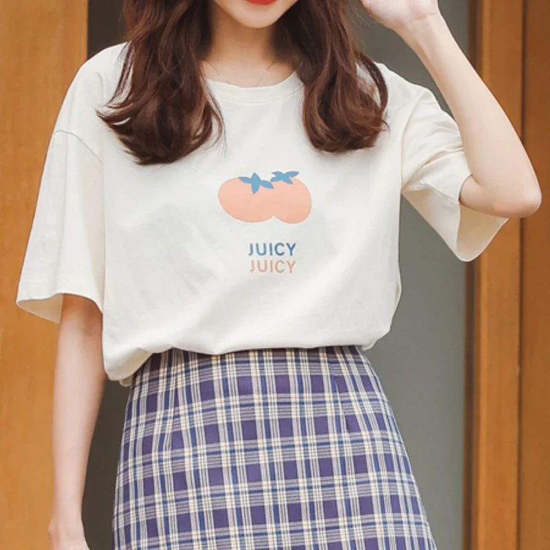 Women Casual Round Neck Short Sleeve Kawaii Tops 2024 New Cute Fruit Print T-shirts Female Summer Sweet Korean College Tees Ins