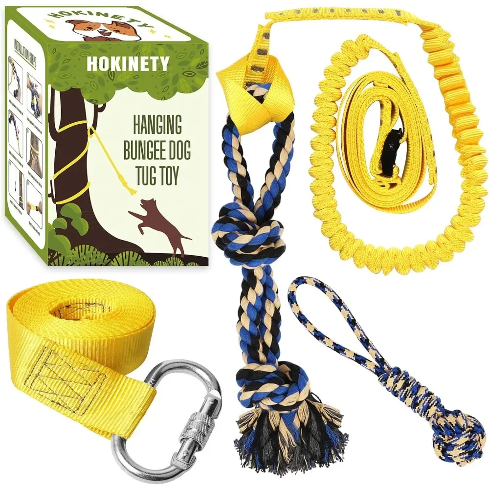

Подвесная игрушка-букси для собак-банджи — тросик войны с 2-мя веревочными игрушками, регулируемая для маленьких и больших собак, сольная игра