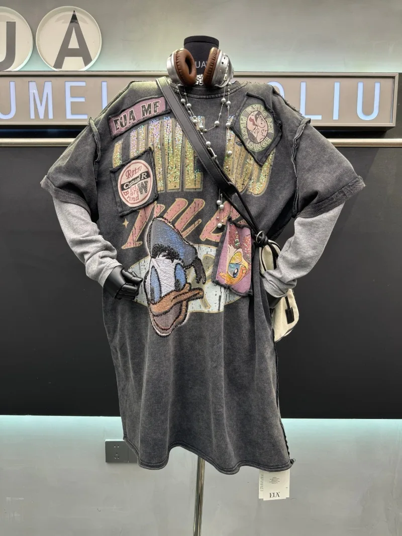 2025 Autumn New Loose Mid-Length Oversized Slimming Sweatshirt Colorful Cartoon Fake Two-Piece Pullover Jacket Sudaderas Ladies