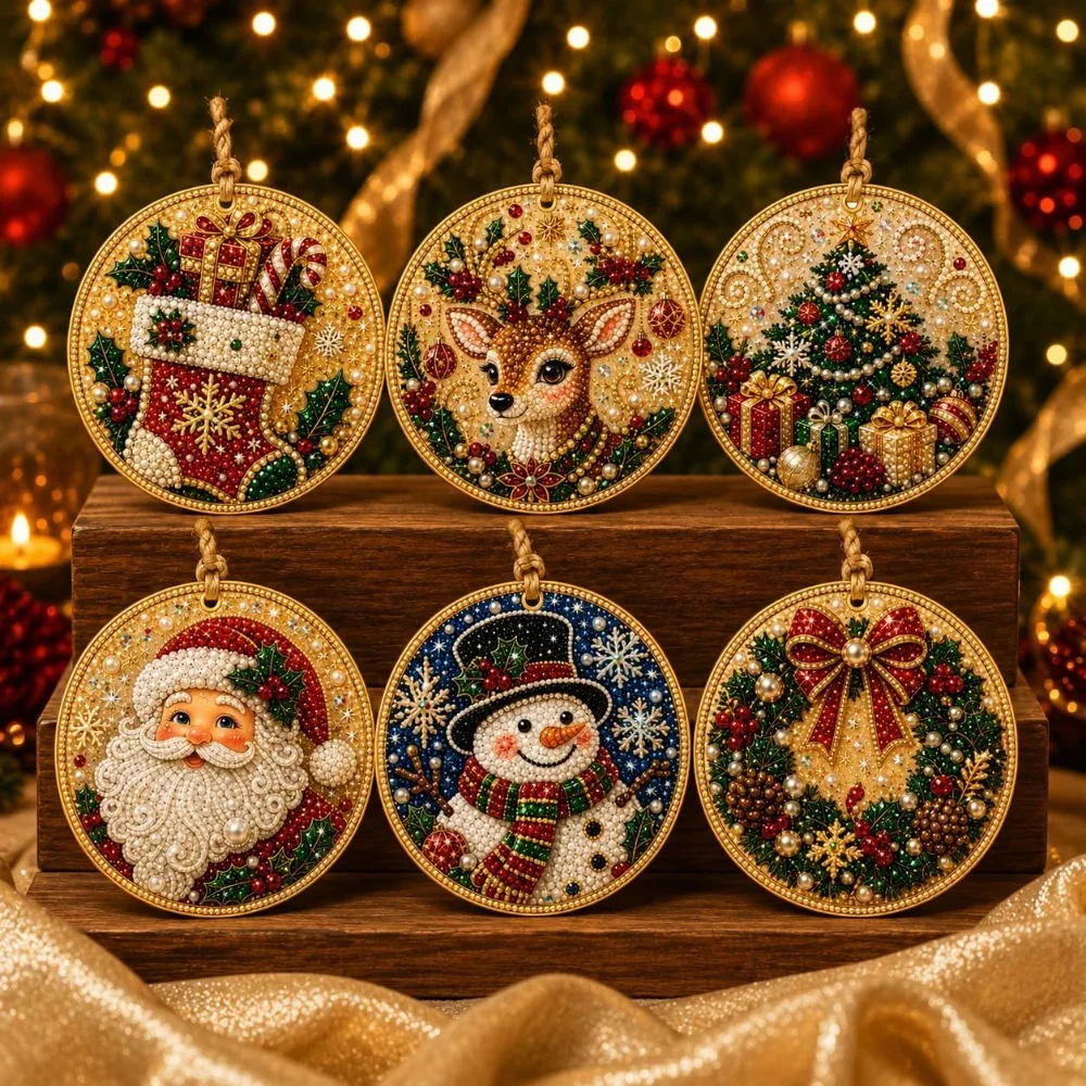 Christmas Wooden Hanging Ornaments DIY Pearl Diamond Gems Craft Handmade Art Kit with Jute Twine Home Room Decor Aesthetic 6PCS