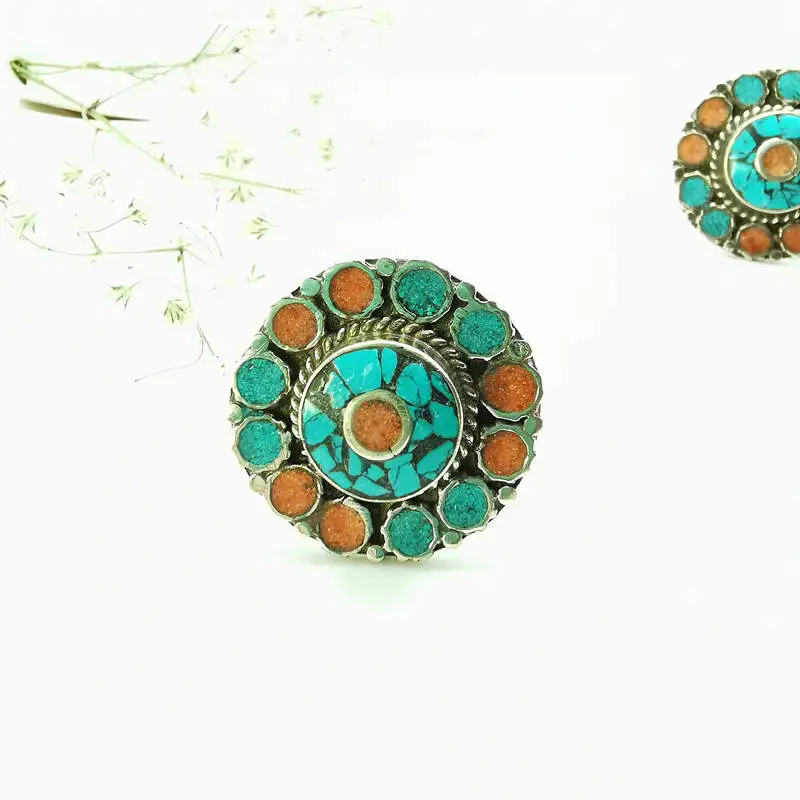 Ethnic Jewelry Vintage Rings Copper inlaid Stone Big Flower Ring R147