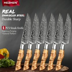 HEZHEN 1PC or 6PC 5 Inches Steak Knife Set Cut Slice Meat Sharp 67 Layer Damascus Steel Kitchen Tool With Gift Box