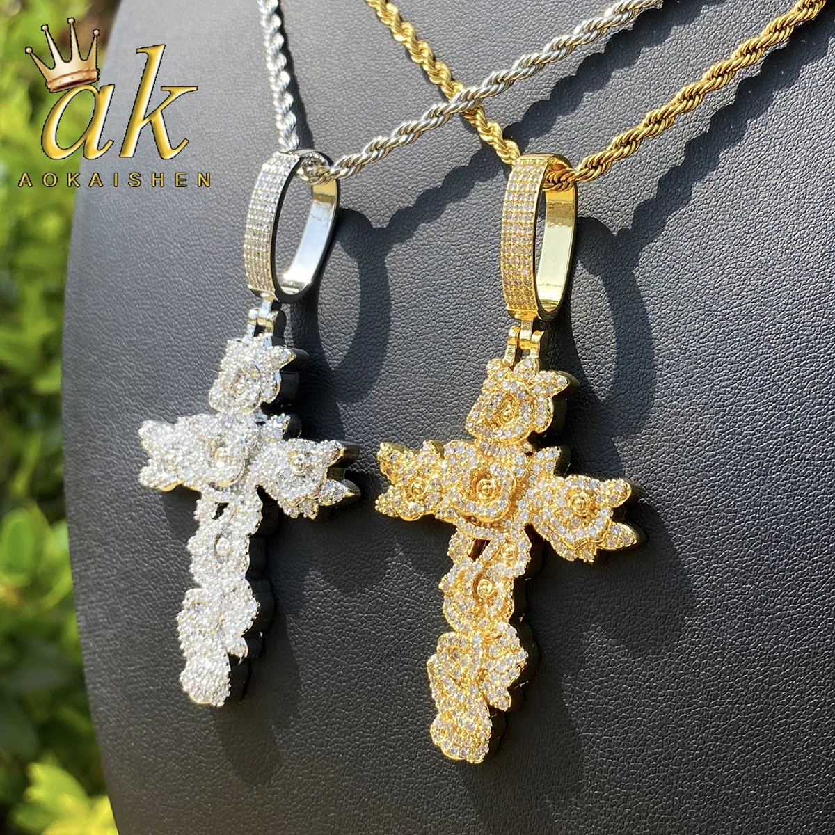 Aokaishen Iced Out роза крест ожерелье кулон для женщин настоящее золото 5А цирконий хип-хоп ювелирные изделия