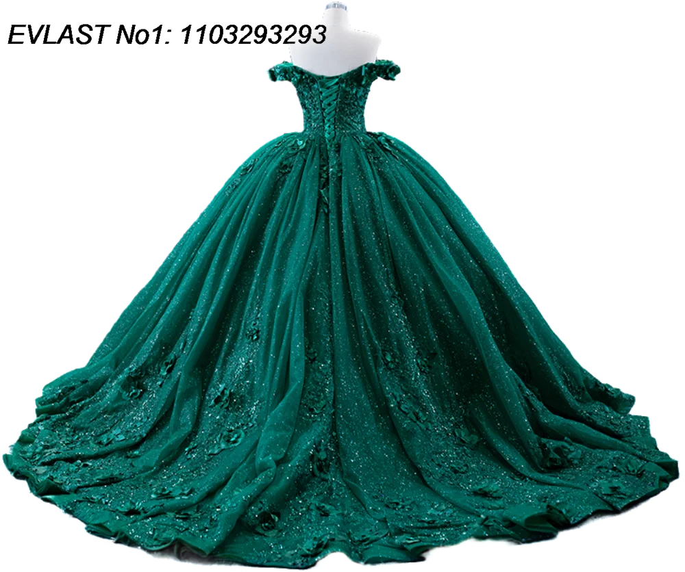 EVLAST Personalizzato Verde Lucido Abito di Sfera Abito Quinceanera Glitter Floreale Applique Che Borda Dolce 16 Abiti Da 15 Anos E1QN17