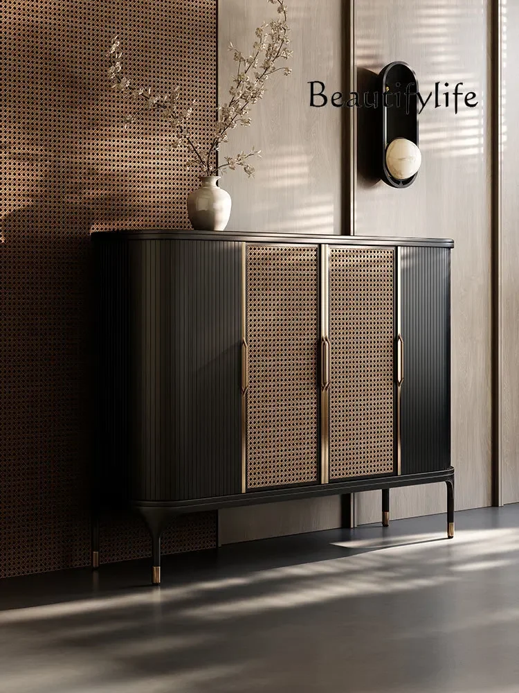 

pP Medieval style walnut shoe cabinet retro rattan entrance cabinet villa living room home storage