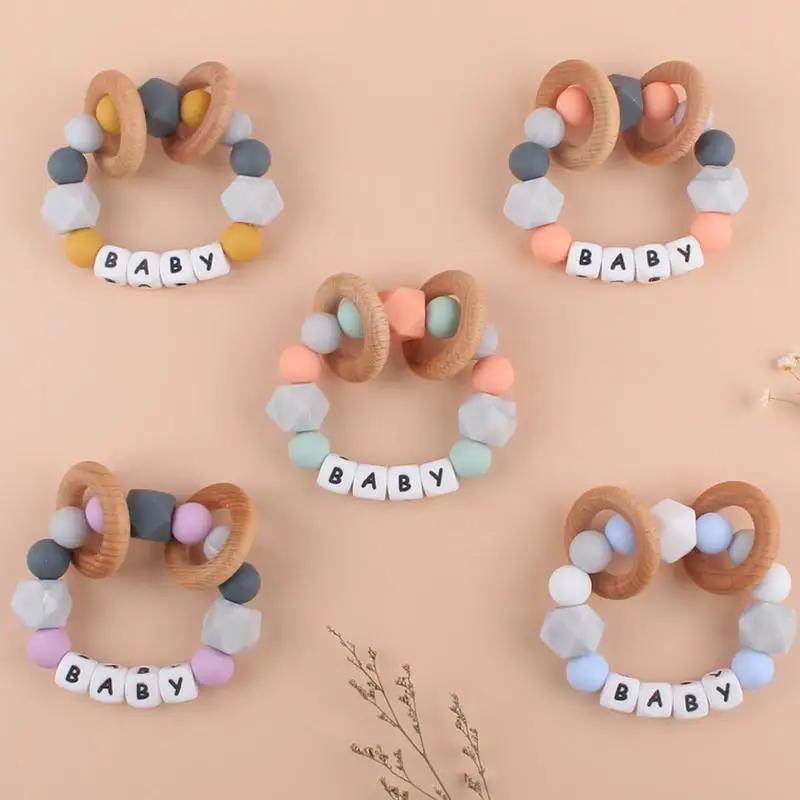 Baby Teether Toys With Names Teething Rings Wearable Teether Bracelet Silicone Molars Wristband Chew Toys Baby Teether