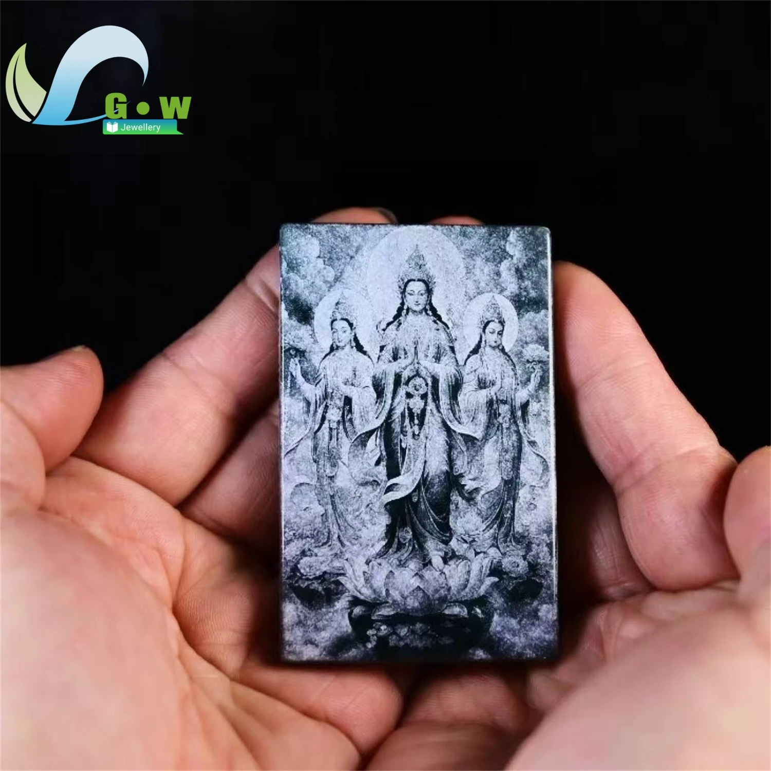 Natural Grade A Jadeite Blue Water High Ice Three Saints Guanyin Plaque Pendant Double Side Shadow Carved Jade Amulet Necklace