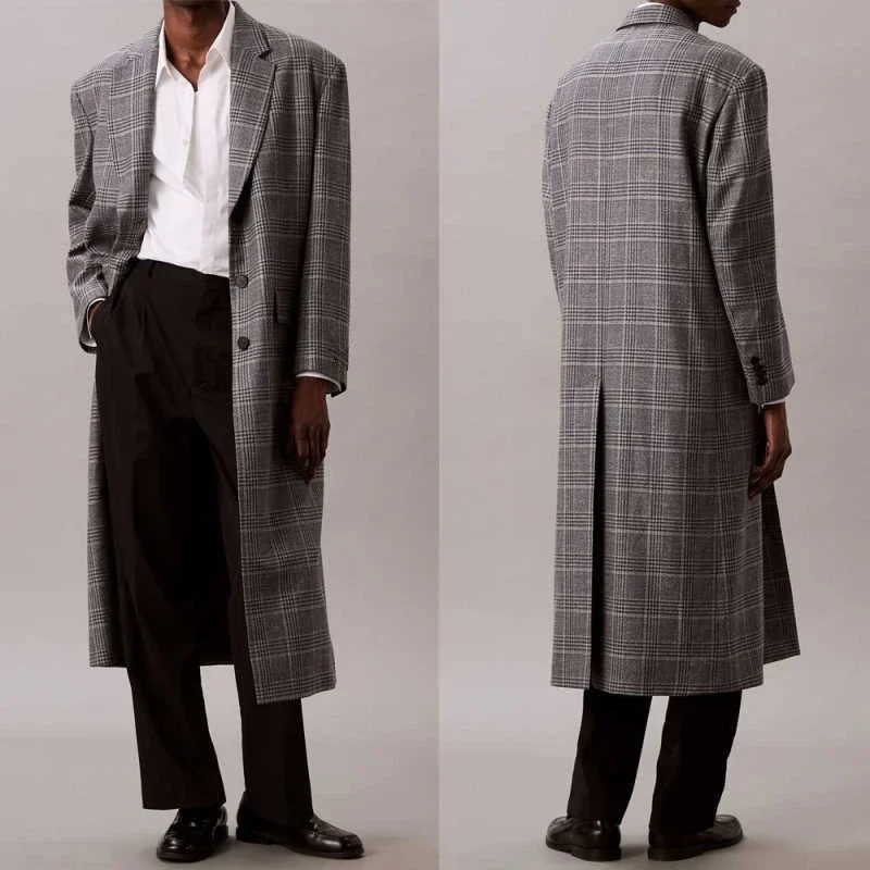 Casual Men's Plaid Long Trench Coat Single Breasted Wool Blends Overcoat Winter Thick Customized One Piece