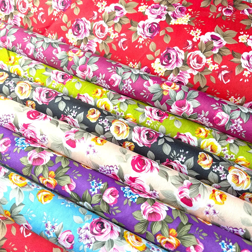 Polyester Rose Flower Printed Pattern Fabric For Sewing Dress Skirts Doll Clothes DIY Crafts Tablecloth Kitchen Apron Materials