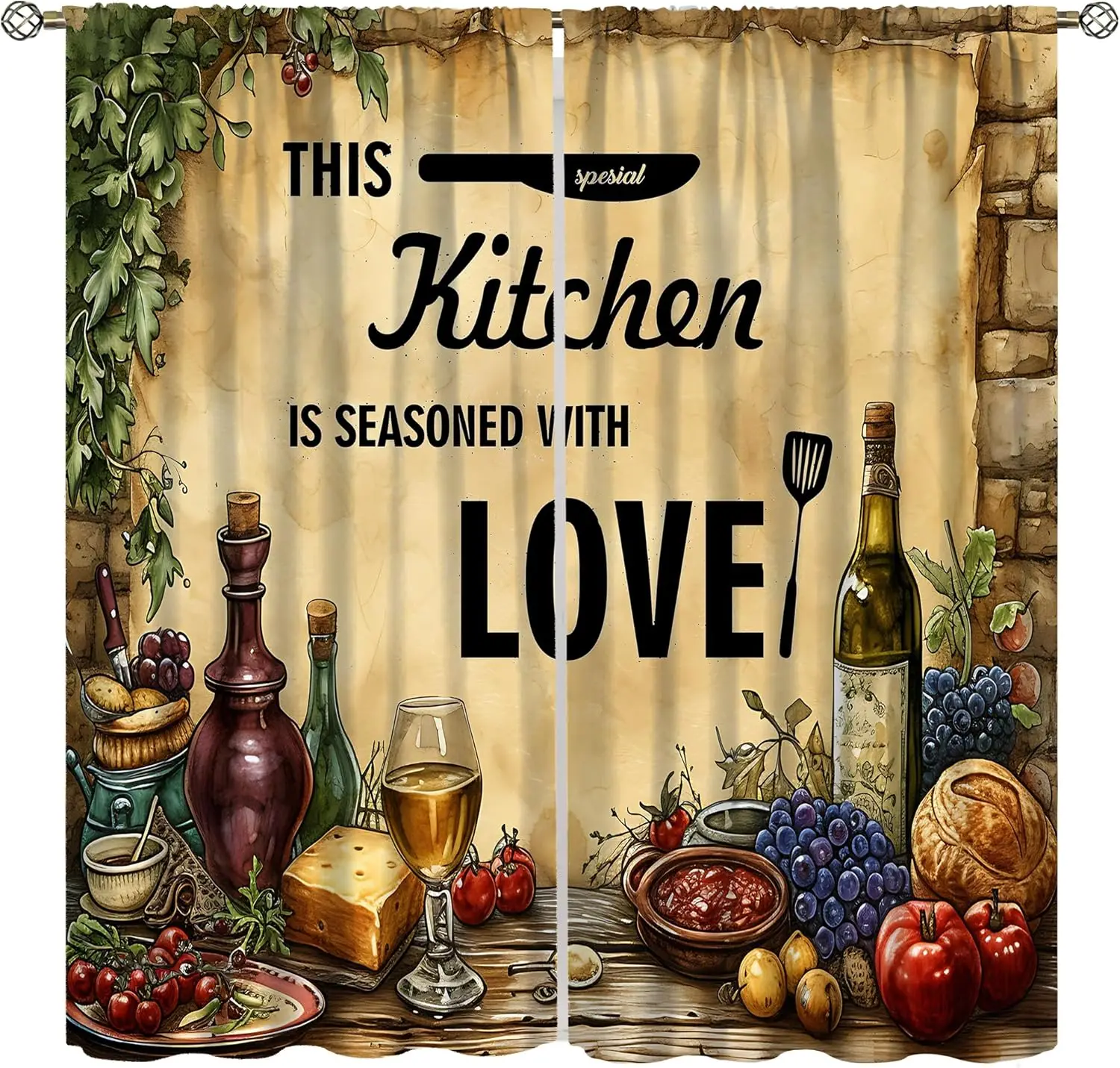 Wine Kitchen Curtains, Vintage Rustic Cartoon Grape Fruit Vegetable Food Wine Gourmet Kitchen Utensils Windows Treatments
