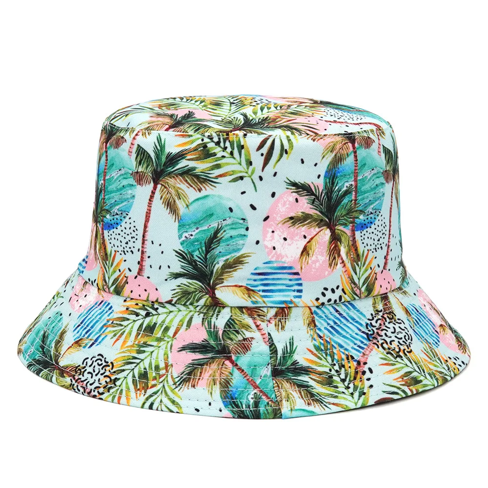 2024 Spring/Summer Coconut Tree Print Hat Holiday Sun-proof Bucket Hat Unisex Reversible Leisure Fisherman Cap