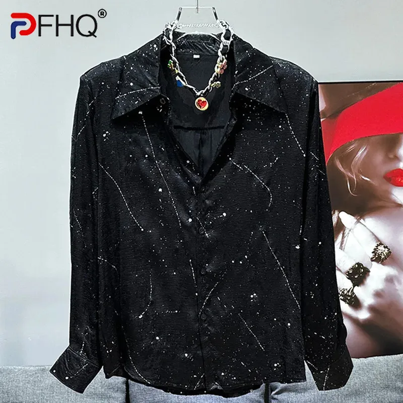 PFHQ Men\'s Trendy Irregular Lines Tops Summer Light Luxury Hot Stamping Versatile Long Sleeved Handsome Thin Male Shirts 21Z4868