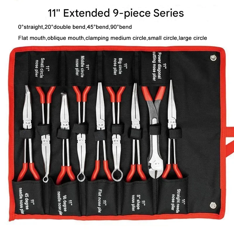 9-piece Set Extended Needle Nose Pliers 11 Inch Clamping Pliers Long Handle Curved Mouth Garbage ClipExtended Straight Round