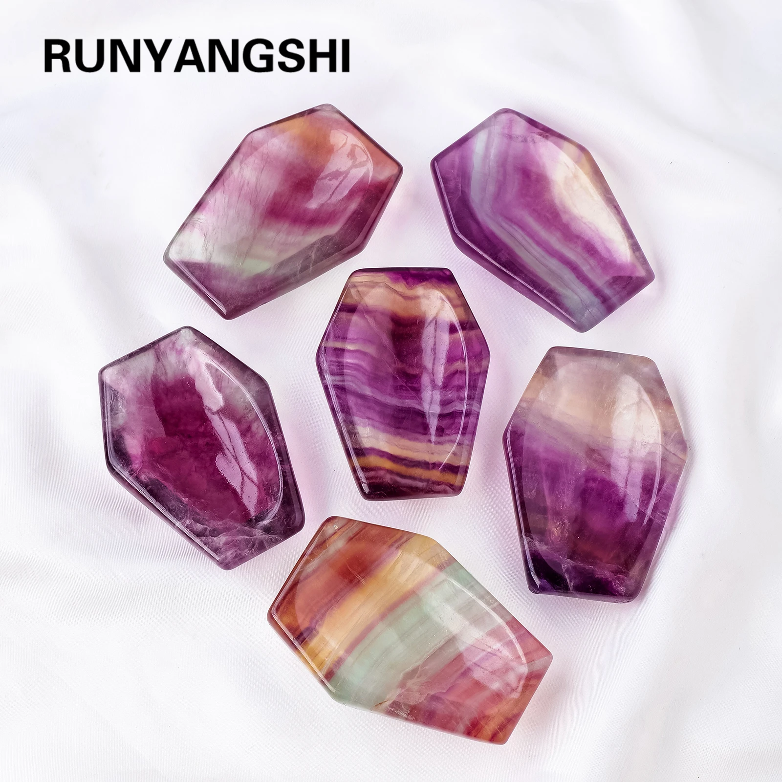 1PC Natural Crystal Rainbow Fluorite Coffin Shape Fluorite Bowl Reiki Healing Demagnetizing Meditation Home Decoration