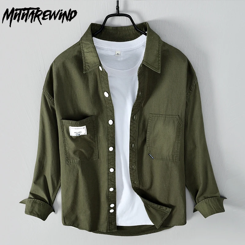 

Spring Pure Cotton Long Sleeve Shirt Men Japanese Casual Loose Cargo Shirts Solid Stand Collar Pocket Shirt Youth Fashion Top