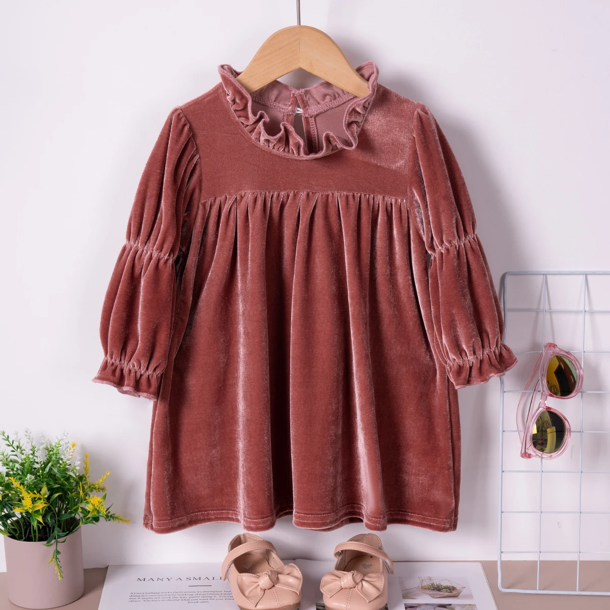 Baby Girl Clothes Corduroy Dress Spring and Autumn Models Solid Color Children's Casual Fashion Round Neck Wooden Ear Edge