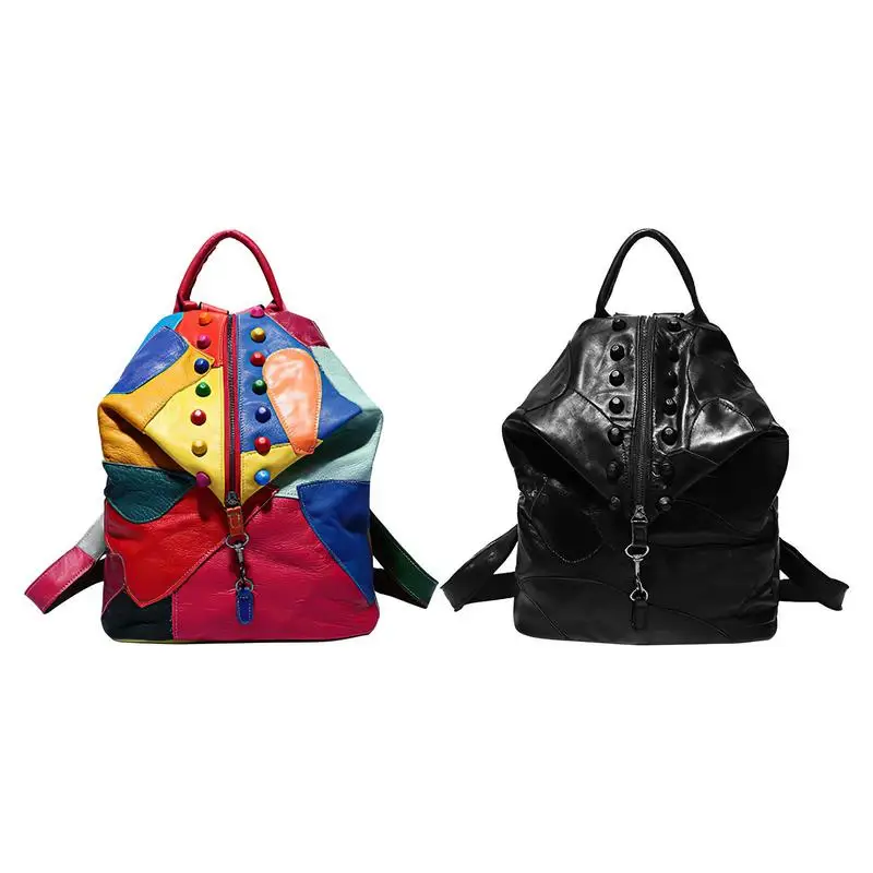 

Soft Backpack Unisex PU Leather Material Rainbow Black Color For Girls Patchwork Style Travel Bag Outside