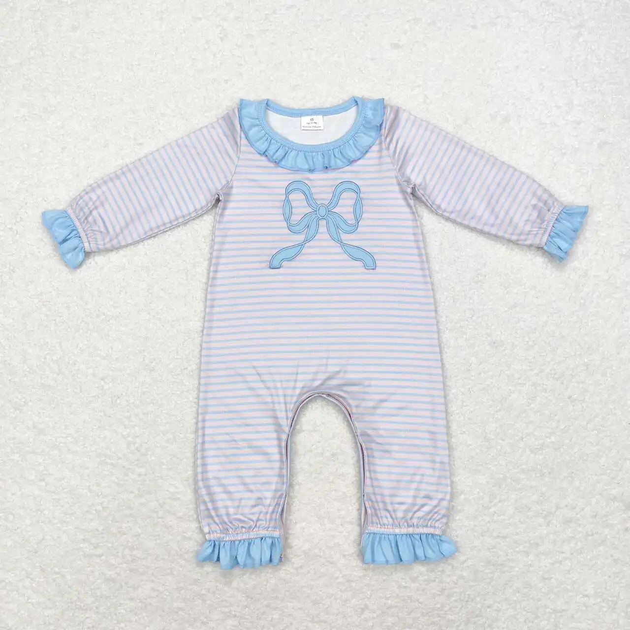 

RTS Infant Boutique Wholesale Clothing Baby Girls Fall Blue Bow Embroidery Long Sleeve Pink Rompers Holiday Ruffle Sleepers