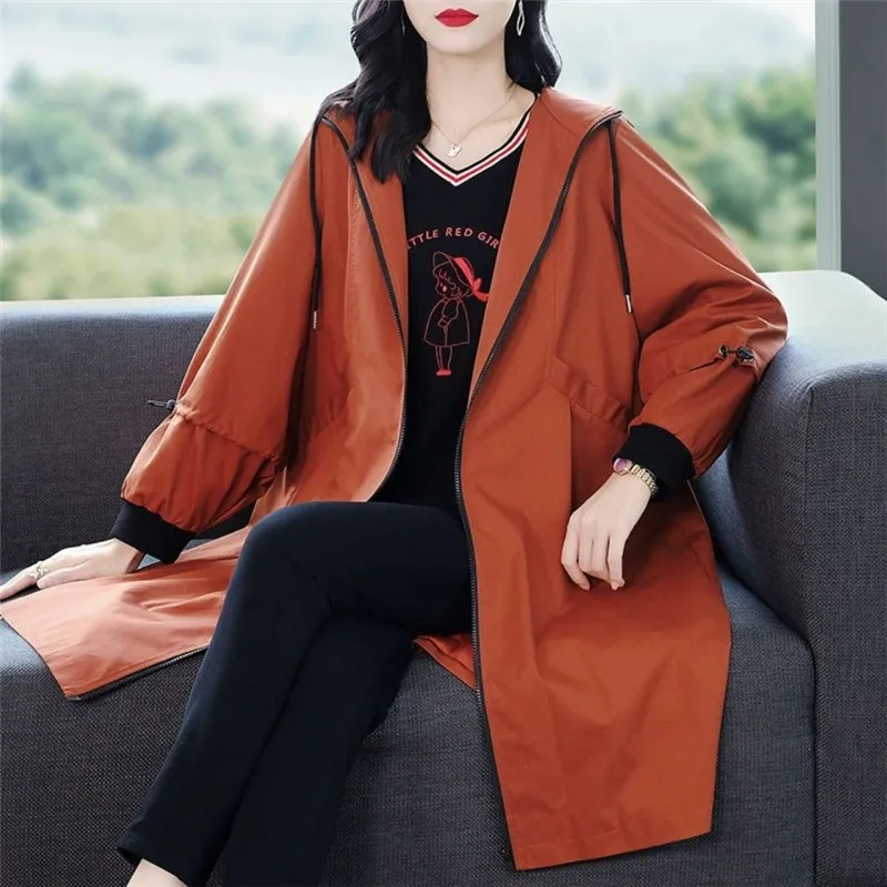 

Women Windbreaker Nice Spring Autumn Hooded Long Women's Trench Coat Female Fashion Casual Orange Black Overwear