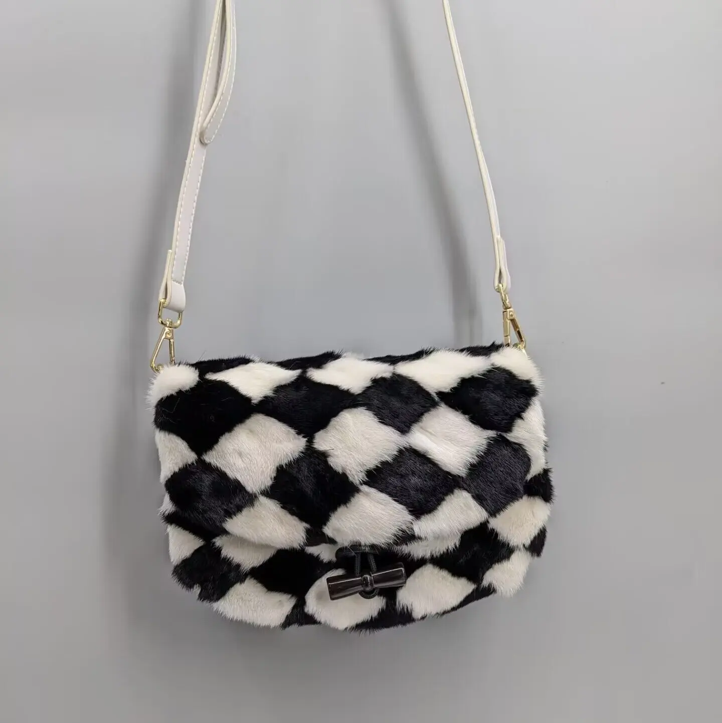 women-black-white-checkered-real-mink-fur-crossbody-bag-rhombus-plaid-flap-genuine-fur-shoulder-purse-24a0351