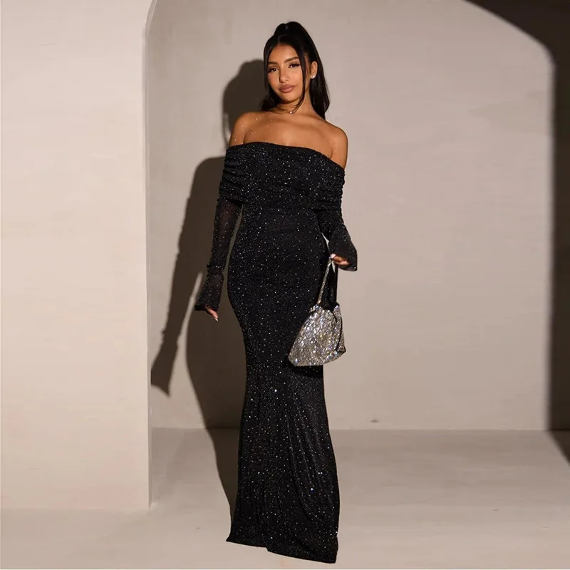 Chaxiaoa Glitter Off-shoulder Sexy Maxi Dress for Women Gown Black Strapless Long Sleeve Bodycon Club Party Sparkle Long Dress