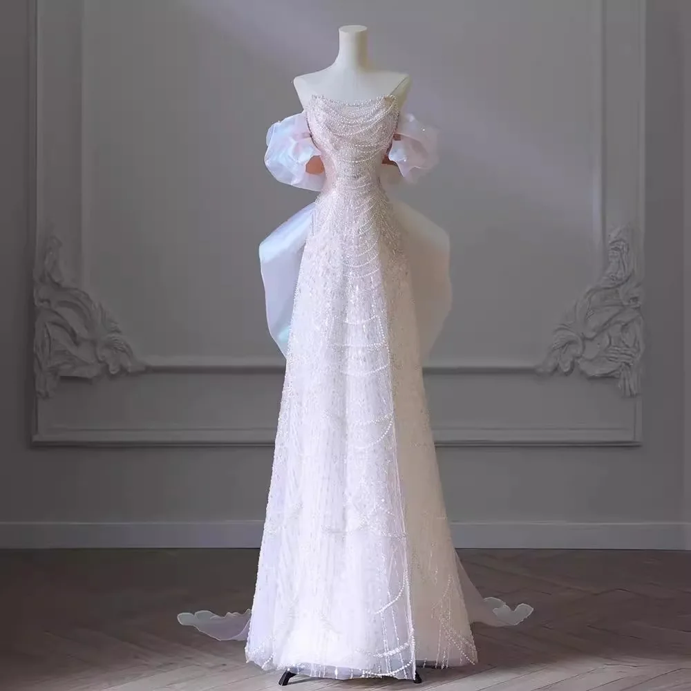 High-end Off-shoulder Strapless Elegant Train Dress for Coming-of-age Ceremony, Wedding, Birthday, Prom, Graduation Ceremony