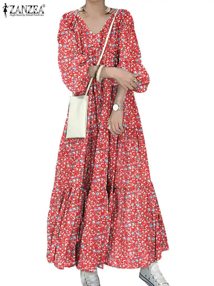 ZANZEA-Robe maxi surdimensionnée à manches longues et col en V pour femmes, robe d'été bohème vintage, robe imprimée florale, mode de vacances, été