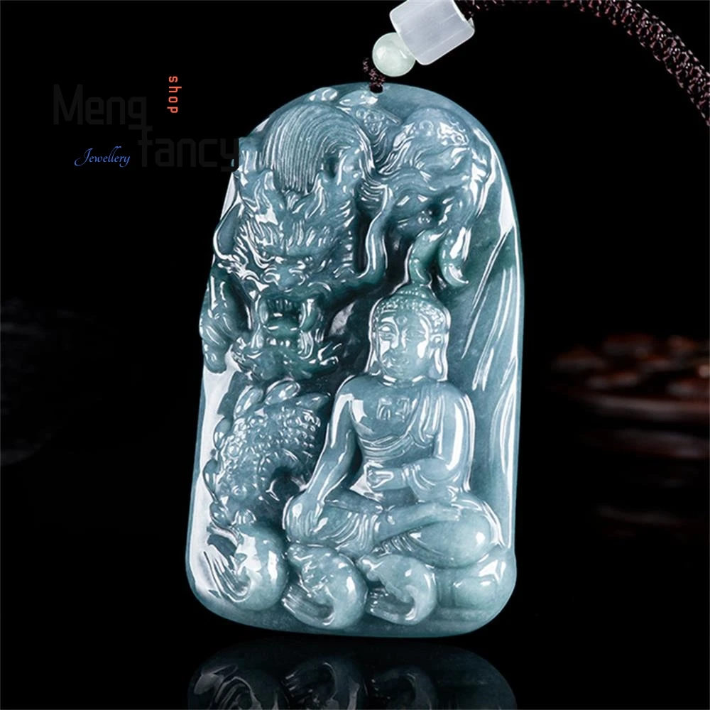 Natural A-goods Jadeite Blue Water Divine Dragon Buddha Zodiac Dragon Ice Jade Pendant High-grade Luxury Fashion Jewelry Mascots