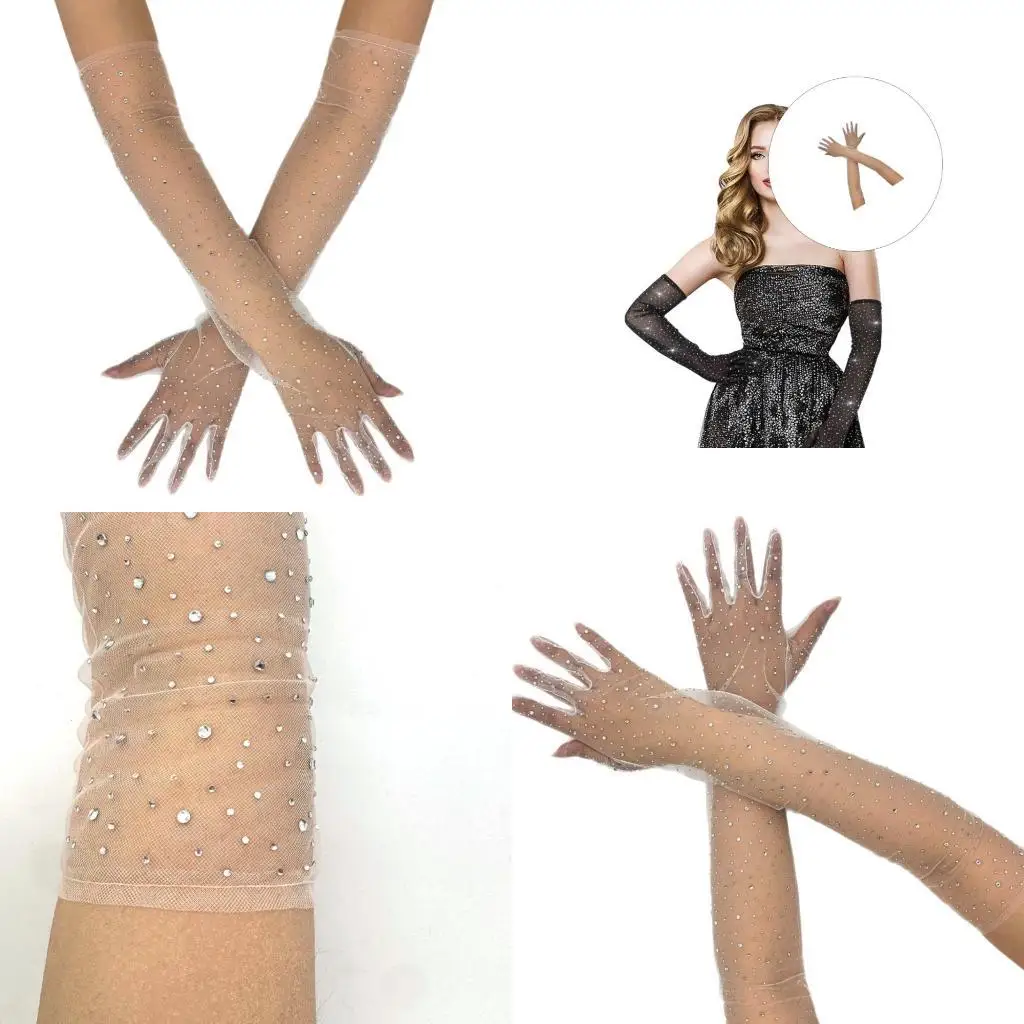 

39BD Breathable Lace Gloves Embellished With Sparkling Rhinestones Glitters Glove Perfect For Wedding Parties Halloween Party
