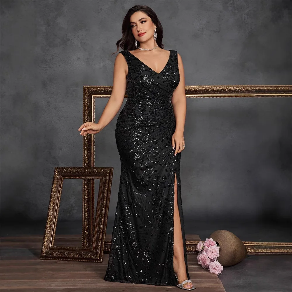Plus Size Black Leaf Sequin Mermaid Maxi Dress V Neck Sleeveless Wrap Ruched Waist High Thigh Slit Evening Gown