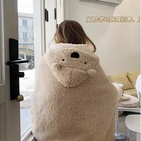 Cute Little Bear Autumn Winter Thick Nap Blanket with Hat Dual-use Blanket Shawl for Students Indoor Winter Home Thick Blanket