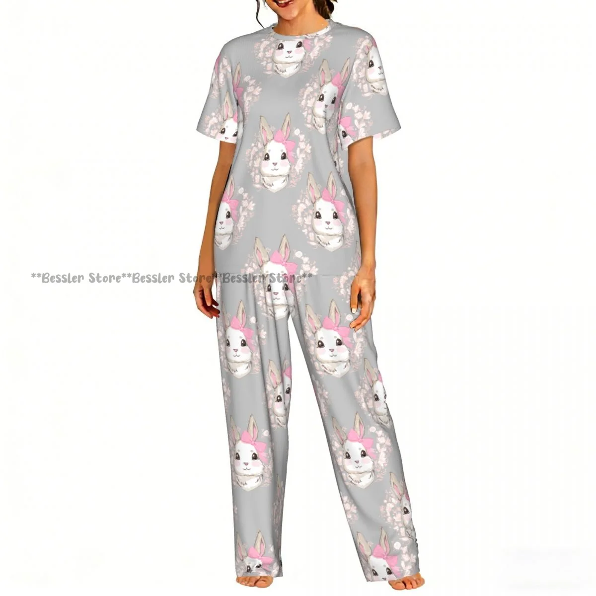 

Women Pajama Sets Lounge Sleepwear Cute Rabbit With Bow Sketch Short Sleeve Nightwear